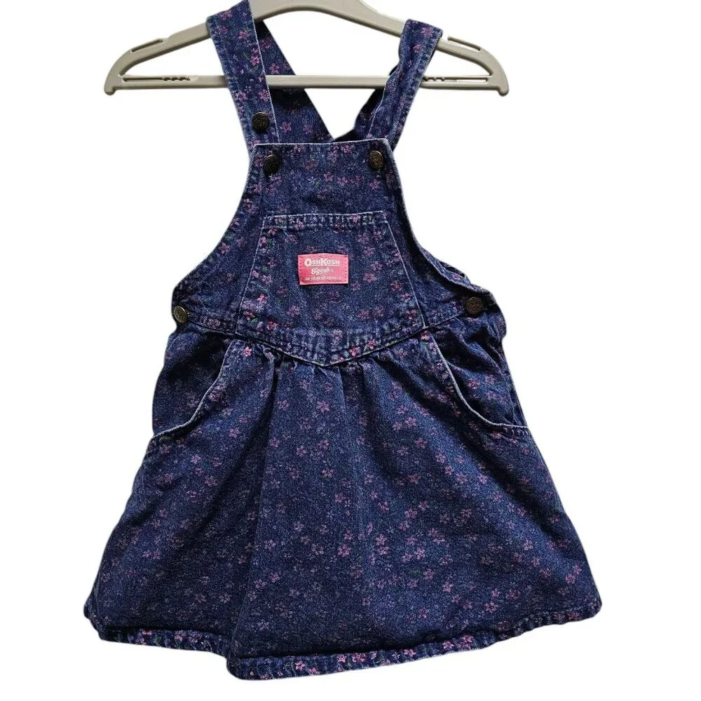 90s OshKosh B'gosh floral printed denim jumper dress . size 4 . made in USA